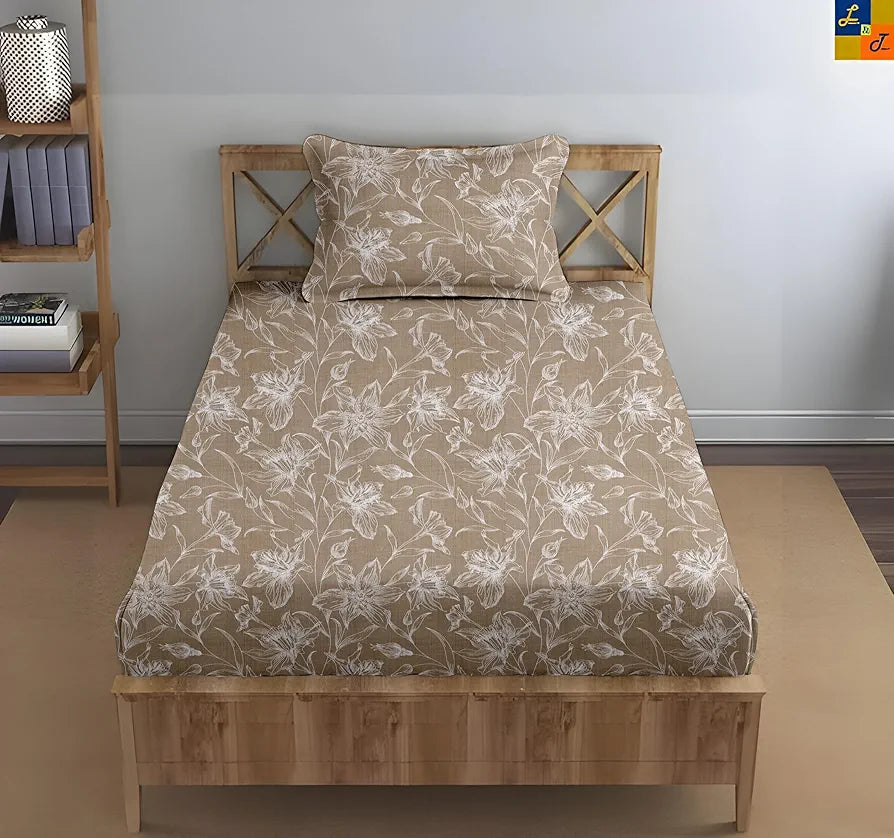 Trance Home Linen 100% Cotton 144TC Elastic Fitted Bedsheet | Printed Single Bed Size Elasticate Fitted Bedspread with 1 Pillow Cover 