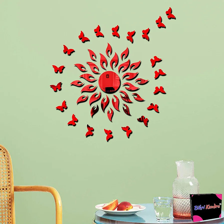 Bikri Kendra - Art BK160, Sun red with 20 red Butterfly - 3D Acrylic Mirror Stickers for Wall