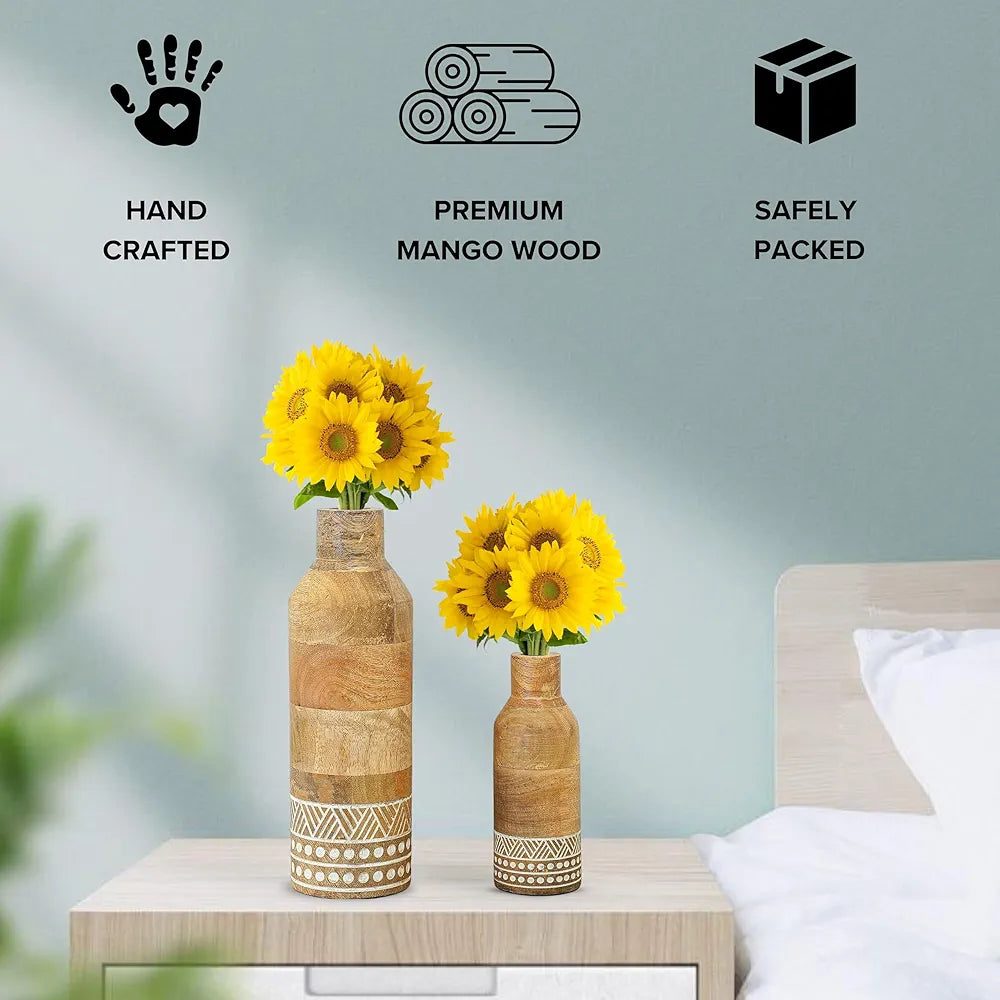 Behoma Boho Engraved Design Wooden Flower Vase Set of 2, Bottle Shape Mango Wood Vases for Flowers for Decor Home Living Room Kitchen Office, Natural Light Brown Finish | Height - 23 cm & 15 cm