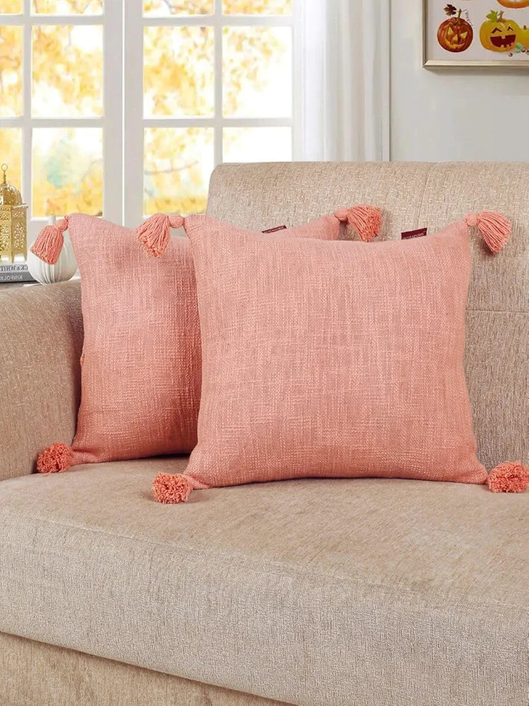 HOMADORN Luxury Cotton Handmade Decorative Boho Throw Pillow Covers with Tassels for Sofa Couch Living Room Indoor Outdoor Chair Car Farmhouse , Peach )