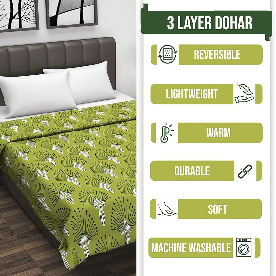 Divine Casa 120 GSM Glace Cotton Single Bed Dohar | Lightweight & Reversible AC Blanket | 210 x 140 CM, Olive Green & Azure Blue