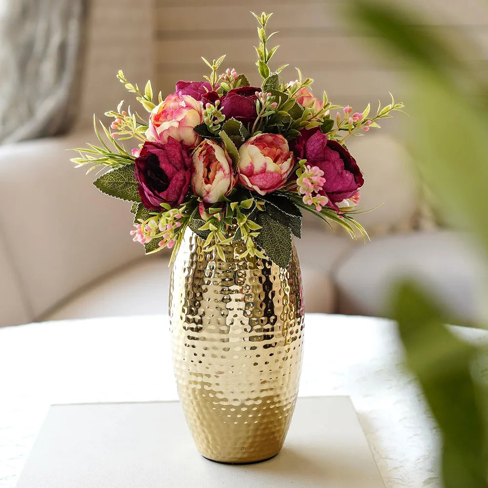 Behoma Metal Hammered Vase for Home Decor Decoratives for Indoor Living Room | Best Gift for Birthday Anniversary Valentine's Day |Golden Full Hammered Oblong Shape 1 Large Pcs 