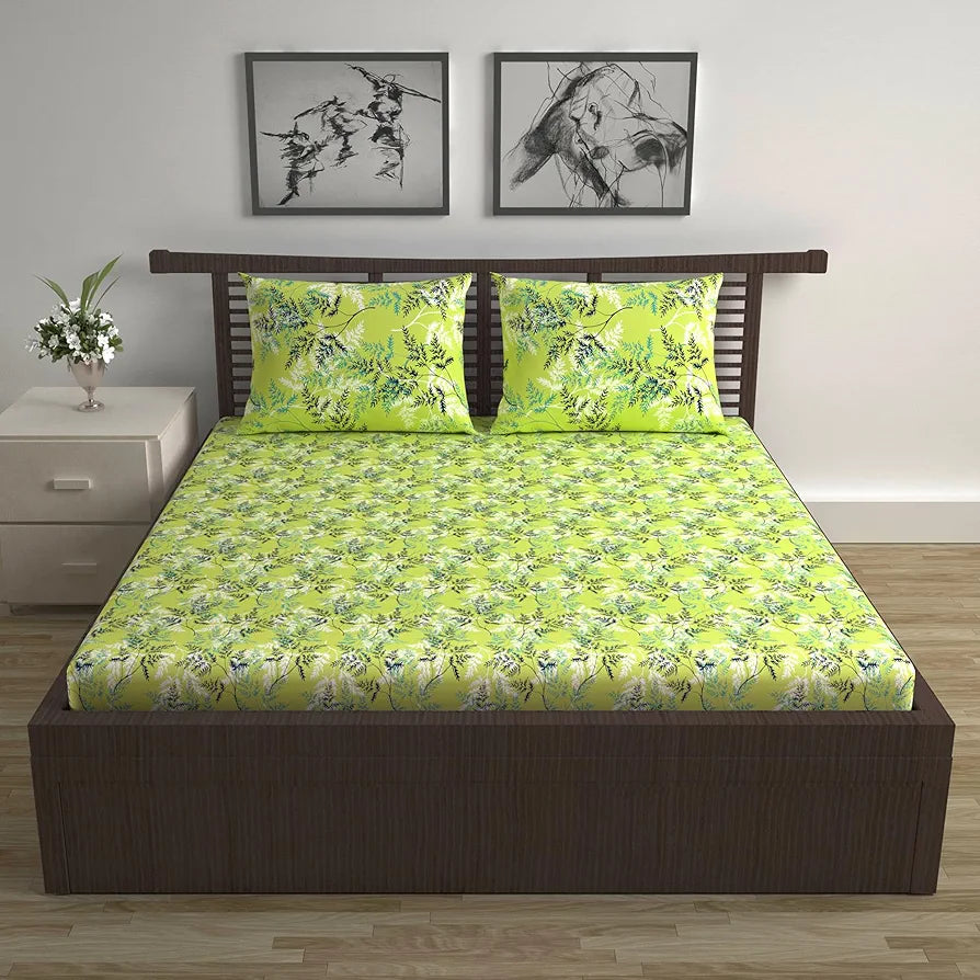 Divine Casa - 144 TC Super Soft 100% Cotton Bedsheet for Double Bed  144 Thread Count - Floral, Lime Breeze| 222 x 254 cm