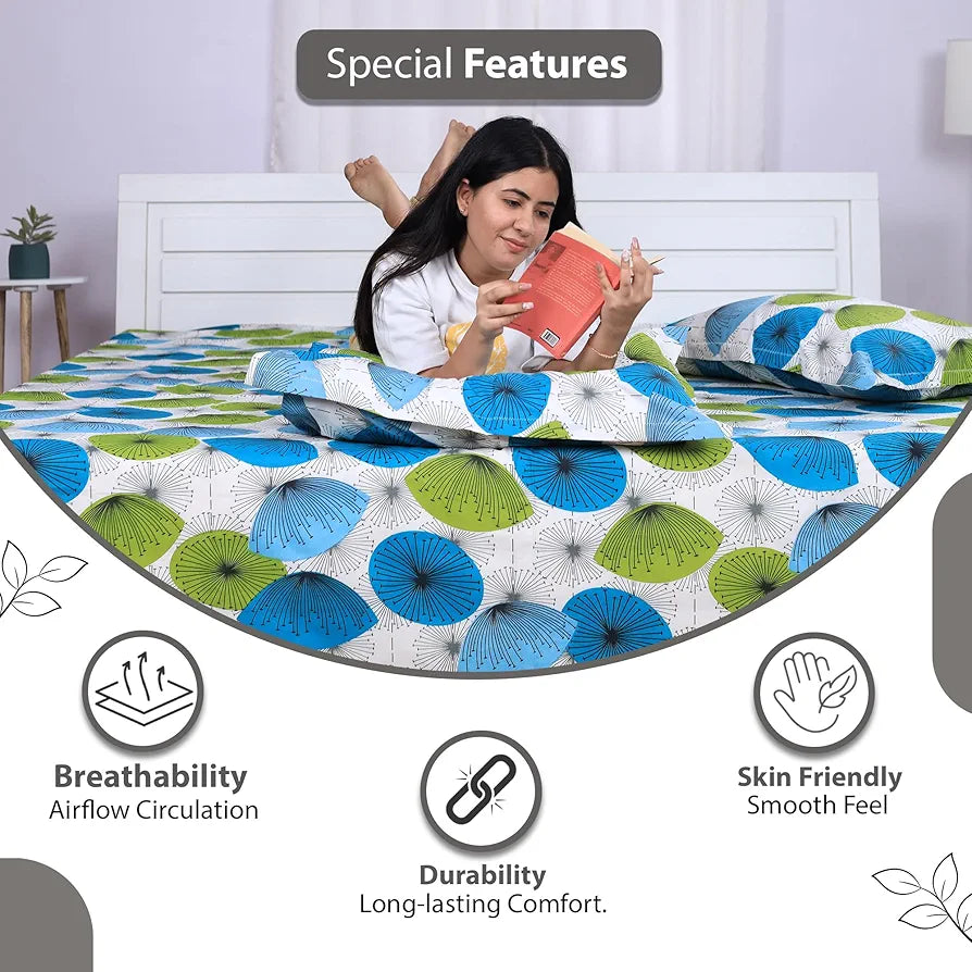 Divine Casa 144 TC 100% Cotton King Bedsheet with 2 Pillow Covers | Skin-Friendly Fabric for Everyday Comfort | 270 X 270 CM | Floral Pattern | Cyan