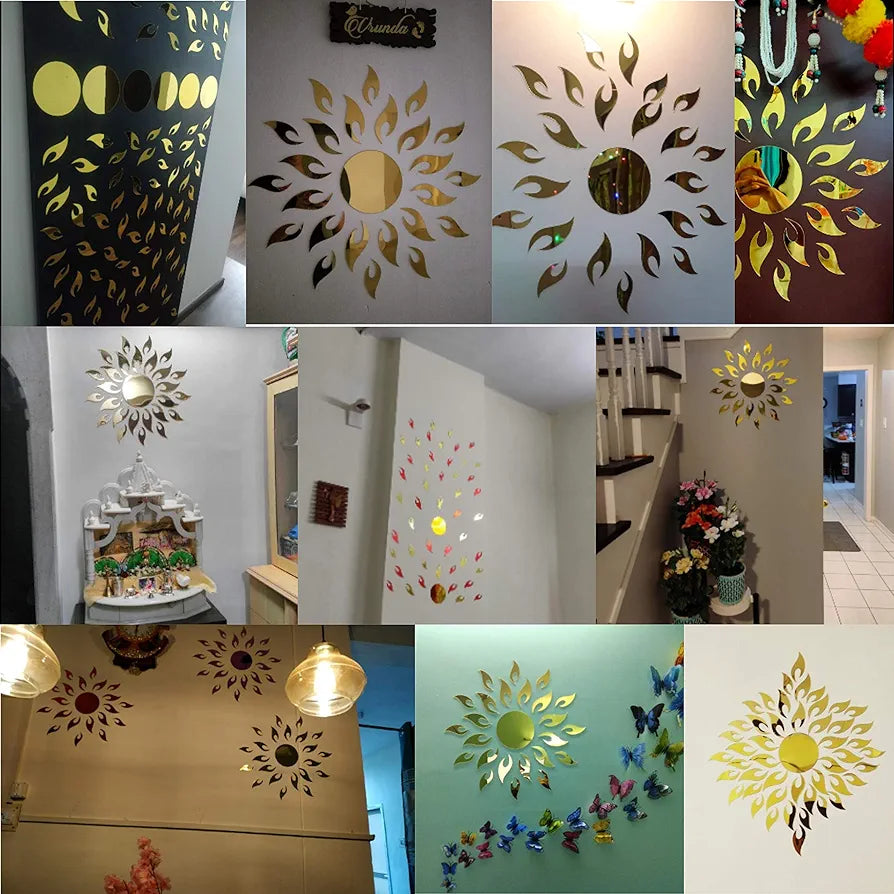 Bikri Kendra® - Sun Golden with Golden 20 Butterfly- 3D Acrylic Decorative Mirror Wall Sticker, Wall Mirror Stickers 3D Acrylic Stickers for Home & Offices, Animal, Pack of 21-reusable