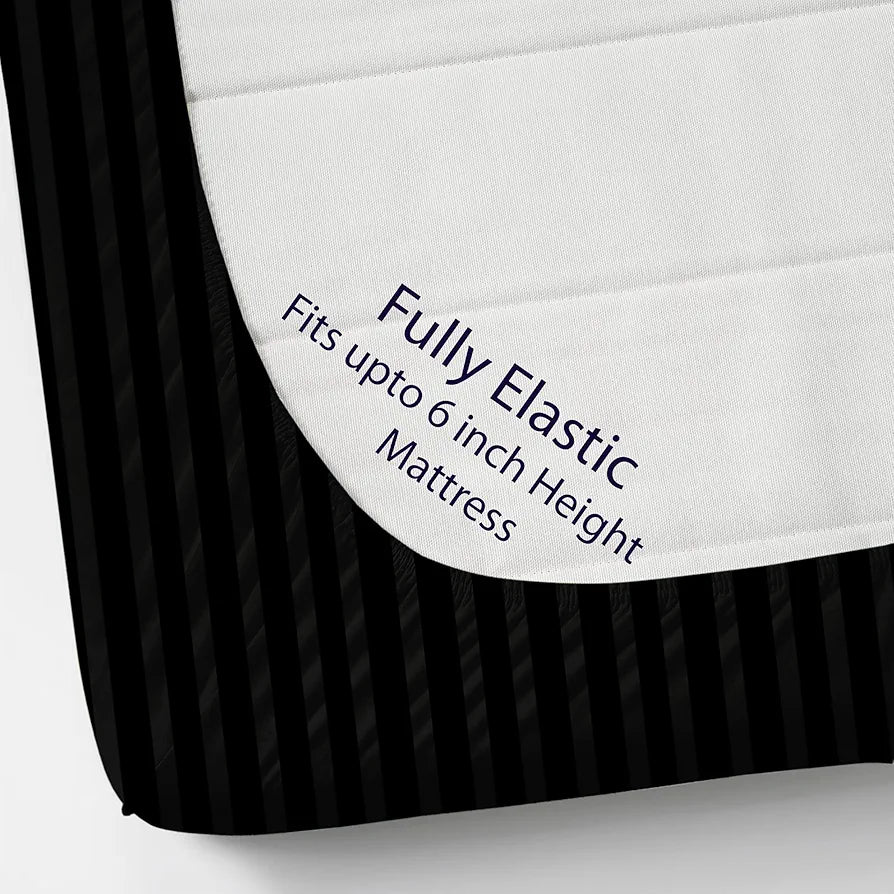 Homefab India 160 TC Stripe Cotton Feel Glace Cotton Elastic Fitted King Size Double Bed Bedsheet with 2 Pillow Covers Fits Upto 6 inches Mattress, Size-72X78 inches, Black