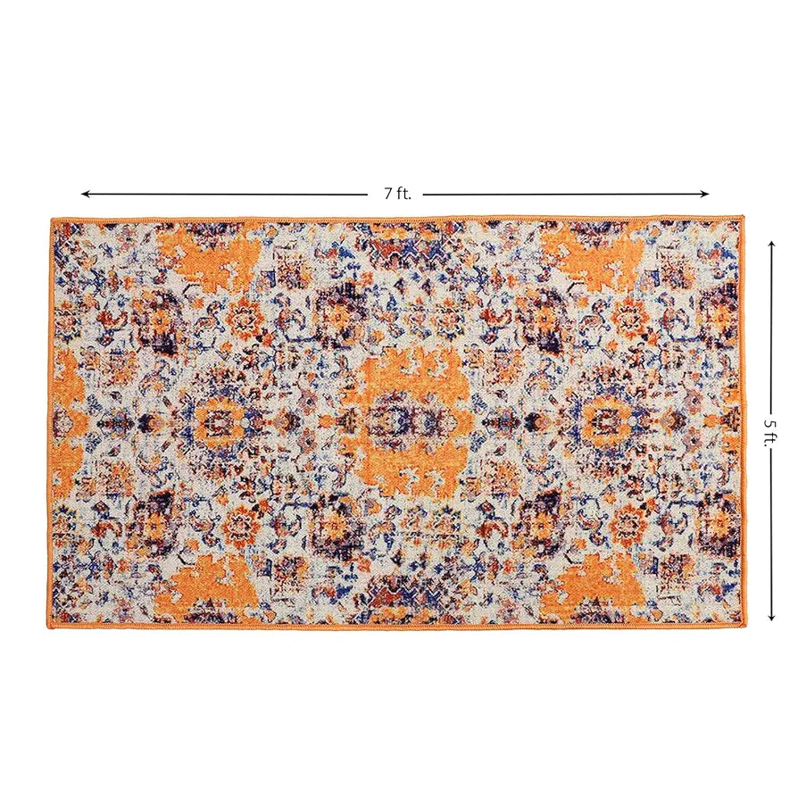 Status Contract Polyester Printed Vintage Persian Carpet Rug Runner with Anti Slip Backing, 5 x 7 Feet, Multicolour
