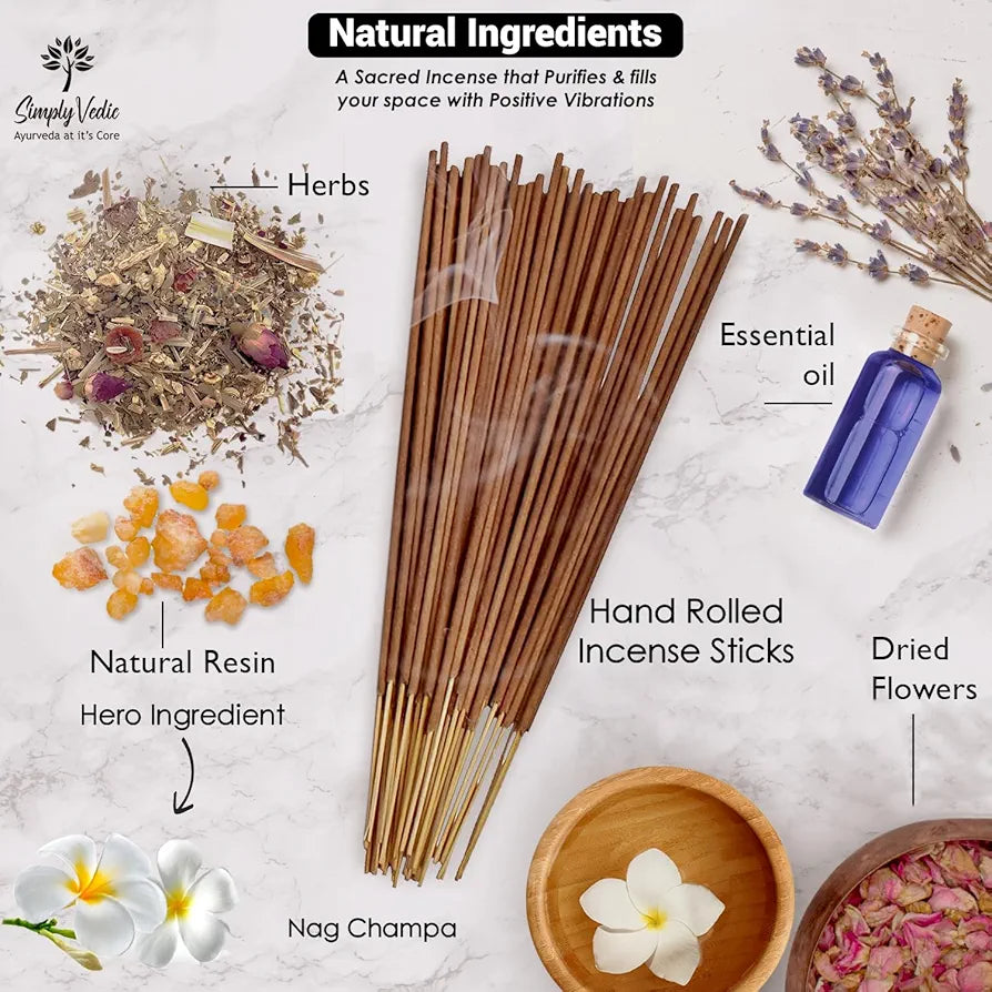 Simply Vedic Nag Champa Incense Sticks 250g with Holder – 135 Hand-Rolled Natural Agarbatti – No Charcoal, Long-Lasting Aromatherapy for Yoga, Meditation, Relaxation, Spiritual Healing, Pooja, Home