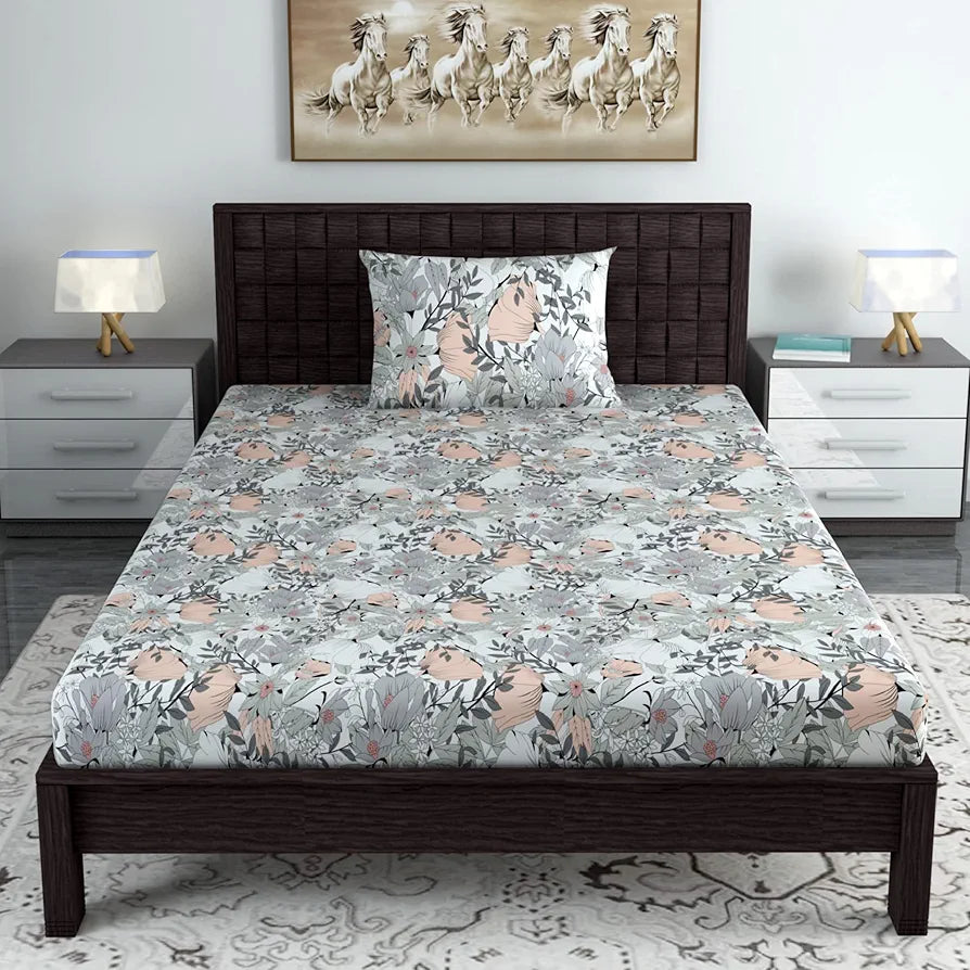 Divine Casa 144 TC Pure Cotton Single Bedsheet with 1 Pillow Cover | Skin-Friendly Fabric for Everyday Comfort | 223 X 145 CM | Floral Pattern | Blush Grey