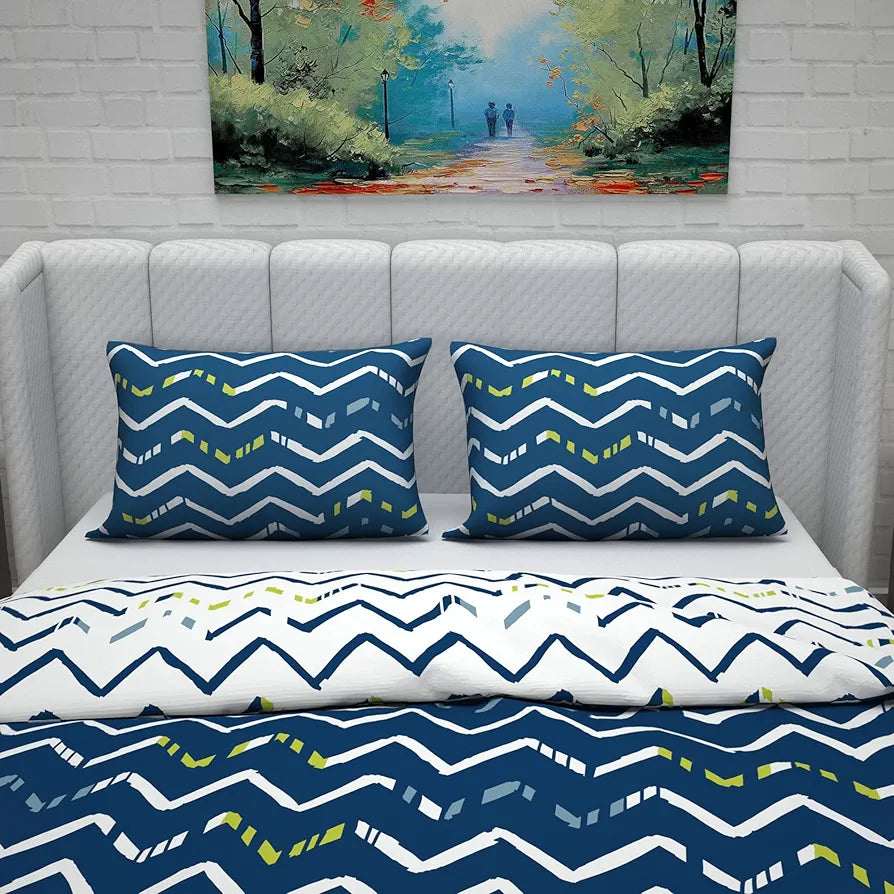 Divine Casa Micro Polyester Reversible Double Bed Queen Size Floral Printed Duvet Cover, Dark Blue and White