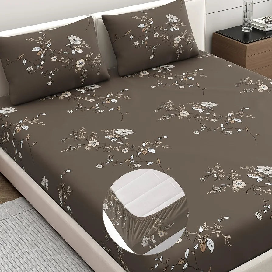 Dreamscape Microfibre Wrinkle & Fade Resistant Fitted Bedsheet for King Bed, 140TC, 1 Fitted Bed Sheet  with 2 Pillow Covers, Dk. Brown