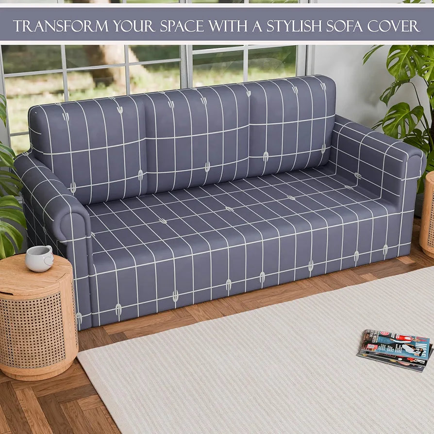 Kuber Industries Elastic Sofa Cover 3 Seater - Stretchable Couch Slip Cover in Checkered Pattern for Living Room/Hall - Grey