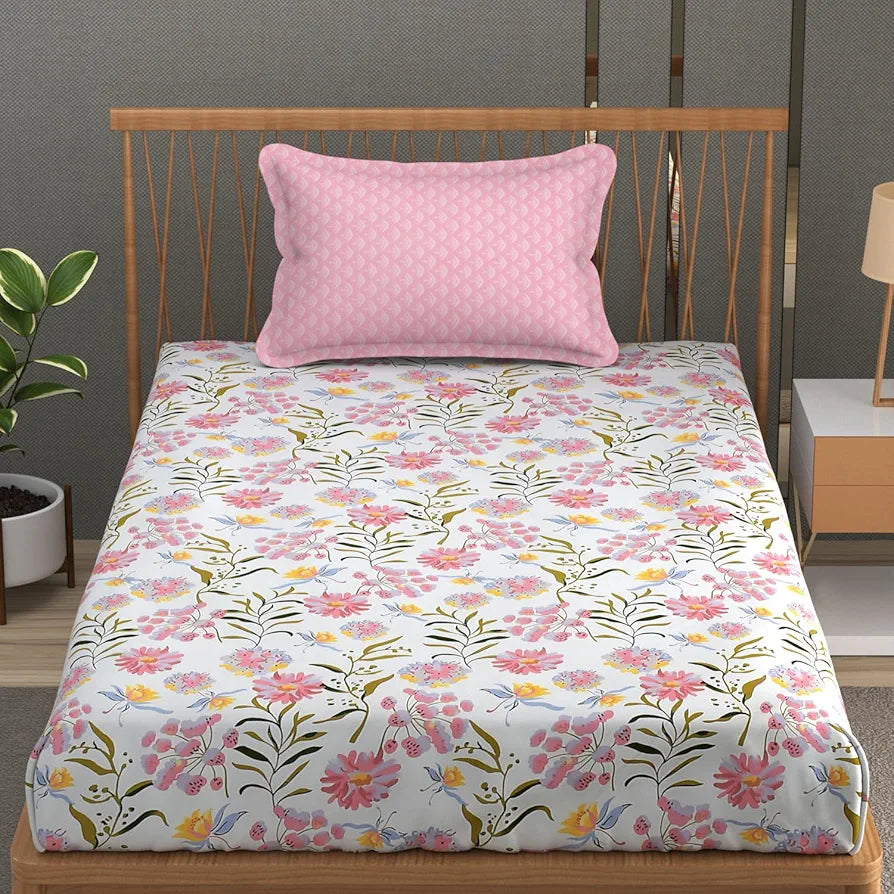 FRESH FROM LOOM Microfiber Soft Cotton Bedsheet for Single Bed | Bedsheet for Single Bed | 200 TC Hypoallergenic Bed Sheet with 1 Pillow Cover | Anti Fade,Printed 