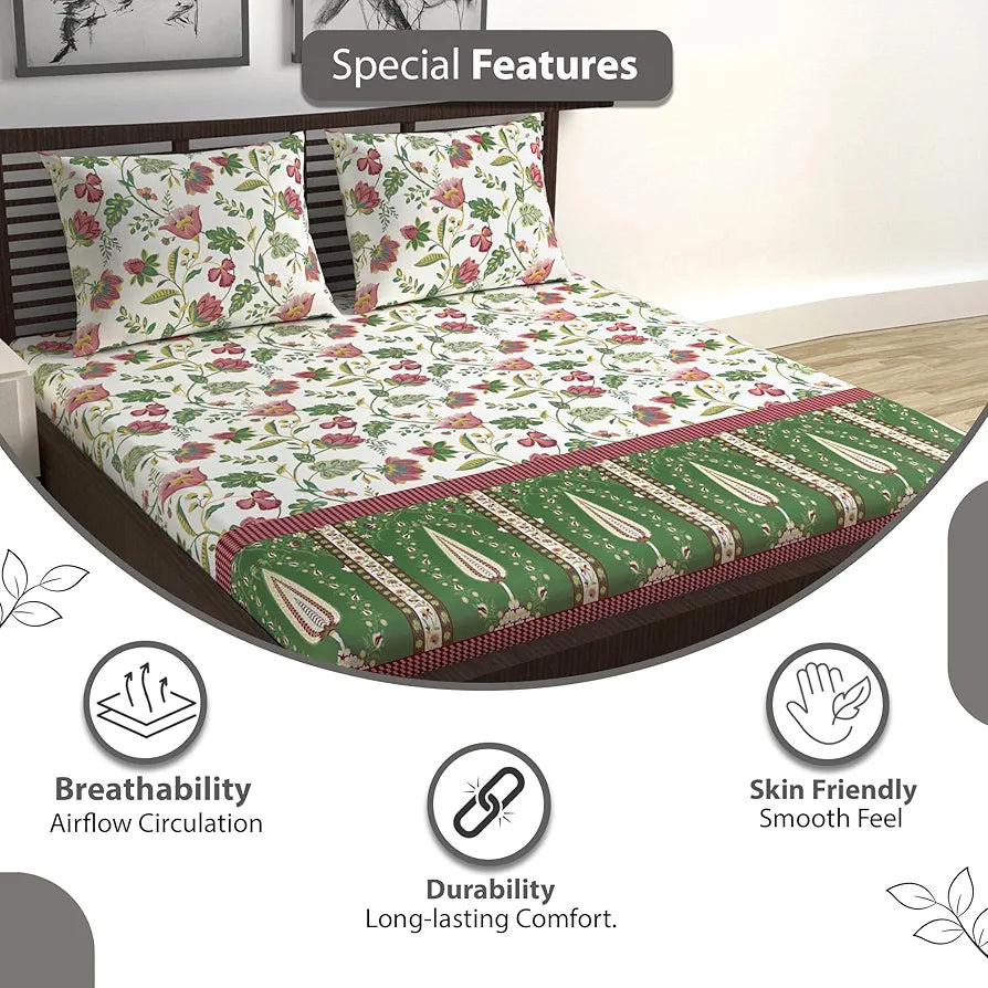 Divine Casa 144 TC 100% Cotton Bedsheet for Double Bed with Pillow Covers - 254 x 222 CM
