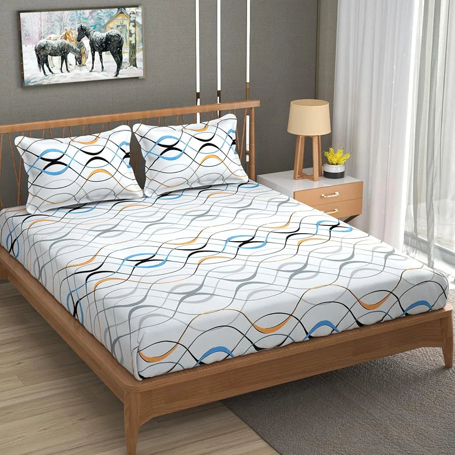 Homefab India 180 TC Microfiber Double BedSheet with 2 Pillow Covers -  -White, Waves