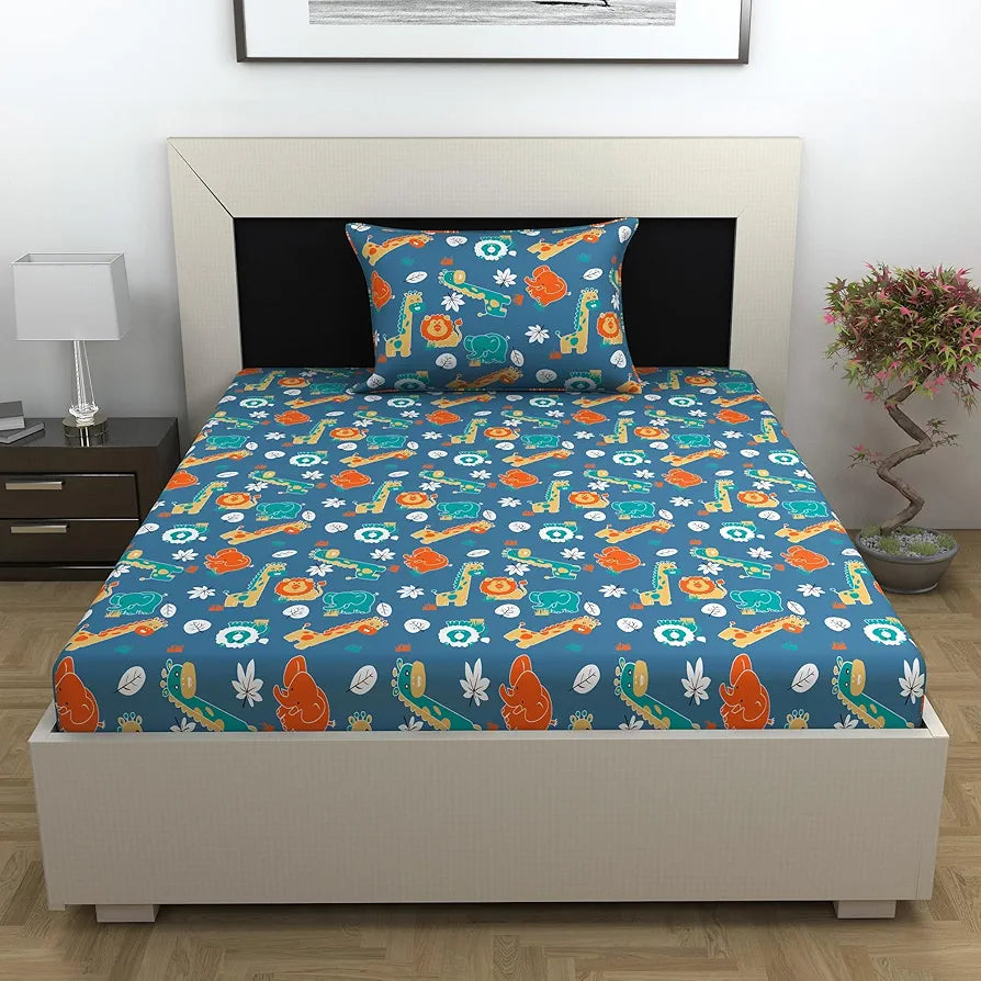 Divine Casa 144 TC 100% Cotton Single Bedsheet with 1 Pillow Cover | Skin-Friendly Fabric for Everyday Comfort | 223 X 145 CM | Abstract Pattern | Iris Deep
