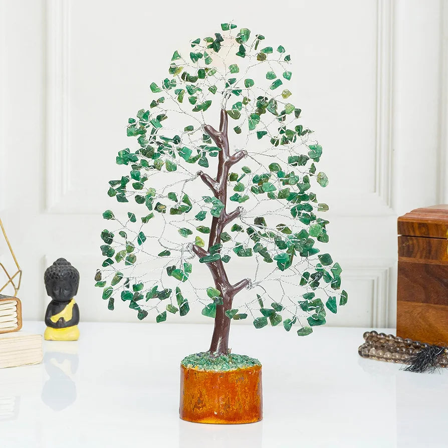 HindCraft Green Aventurine Crystal Tree Good Luck Showpiece for Home Decor Items Crystals Gemstones Bonsai Money Tree for Good Luck, Decoration Gift Item, Silver Wire, 10-12 inch