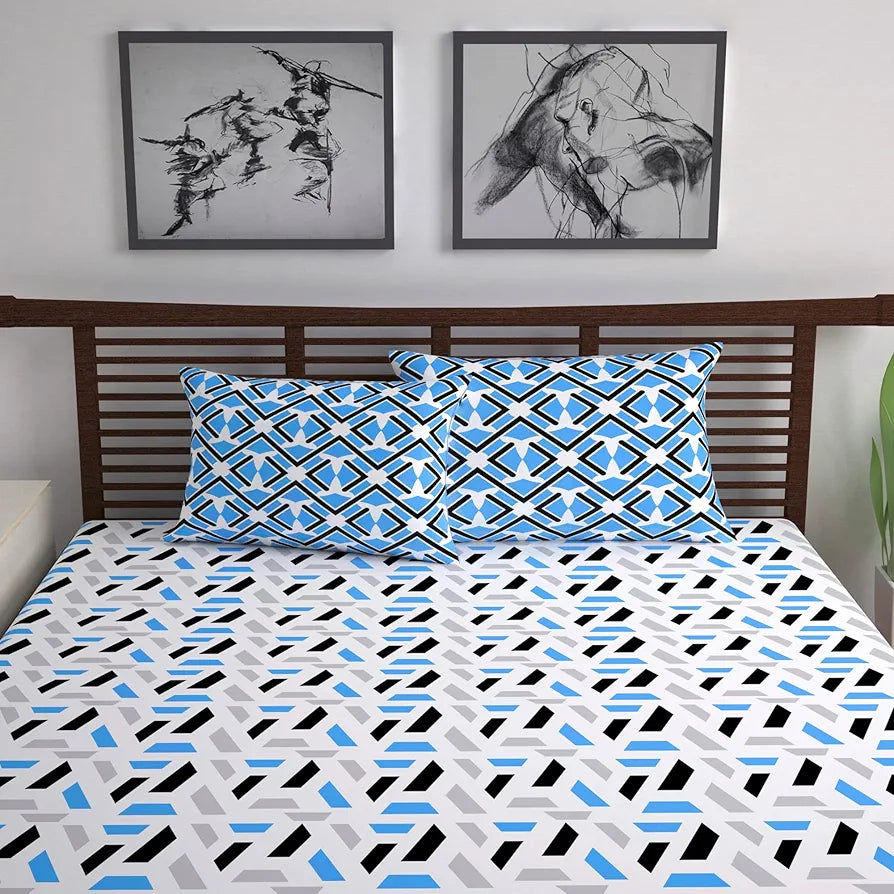 Divine Casa - 144 TC Super Soft Cotton Bedsheet for Double Bed  144 Thread Count - Abstract, Grey & Blue| 222 x 254 cm