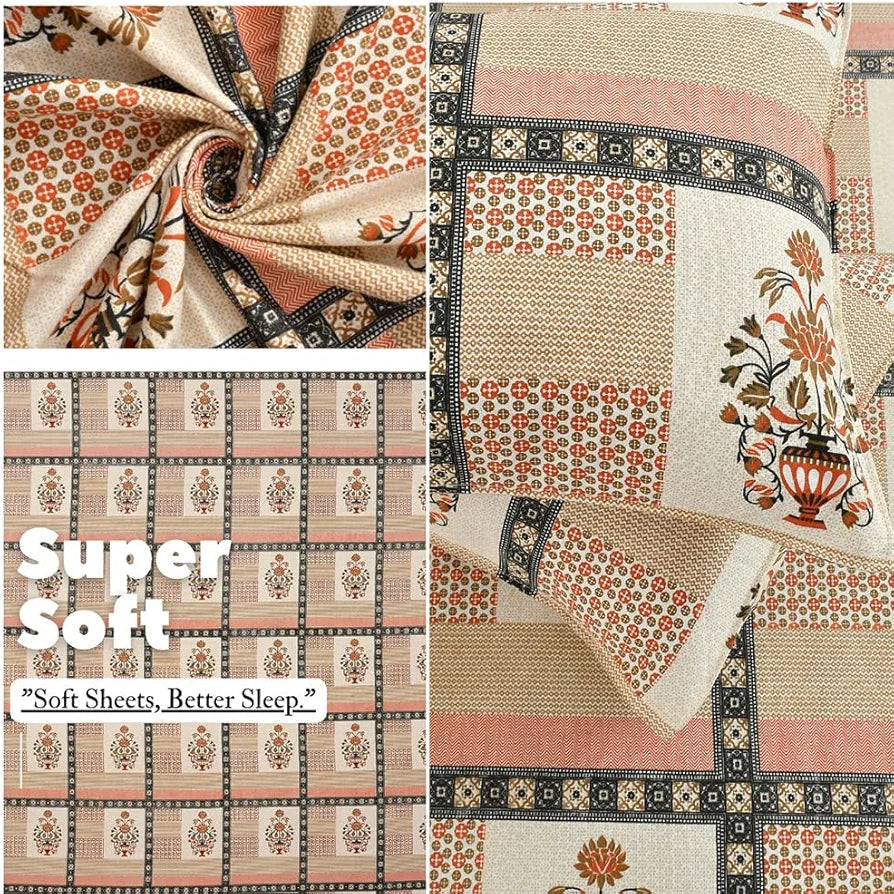 Ultra Super Soft 100% Pure Cotton Double Bedsheet with Two Pillow Covers for Your Bedroom | Floral & Block Printed Premium Bedsheet 