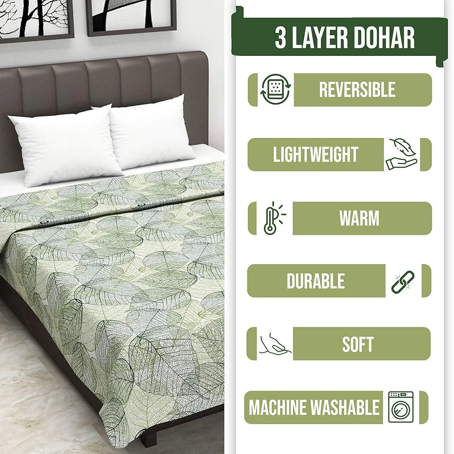 Divine Casa 120 GSM Glace Cotton Single Bed Dohar | Lightweight AC Blanket | Reversible Leaf Print Quilt | 210 x 140 CM, Garden Green