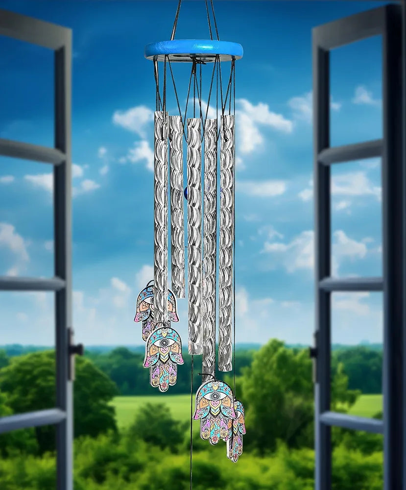 ZAICUS Hamsa Hand Wind Chime – 23-Inch Metal Wind Chimes for Home Décor, Protection & Positive Energy – Hanging Bells for Balcony, Garden & Outdoor Spaces