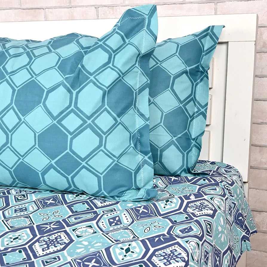 Divine Casa 144 TC 100% Pure Cotton Double Bedsheet with 2 Pillow Covers | Soft & Skin-Friendly Fabric for Everyday Comfort | All-Season Use | Size 222 x 254 CM | Geo Nordic Hexa | Ice Aqua Blue
