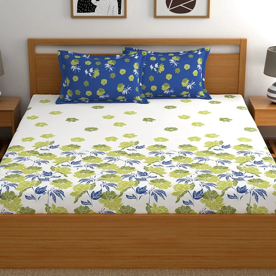 Dreamscape 100% Cotton King Fitted Bedsheet with 2 Pillow Covers, 140 tc Cotton Floral Blue Bedsheet for King Fitted Bed 