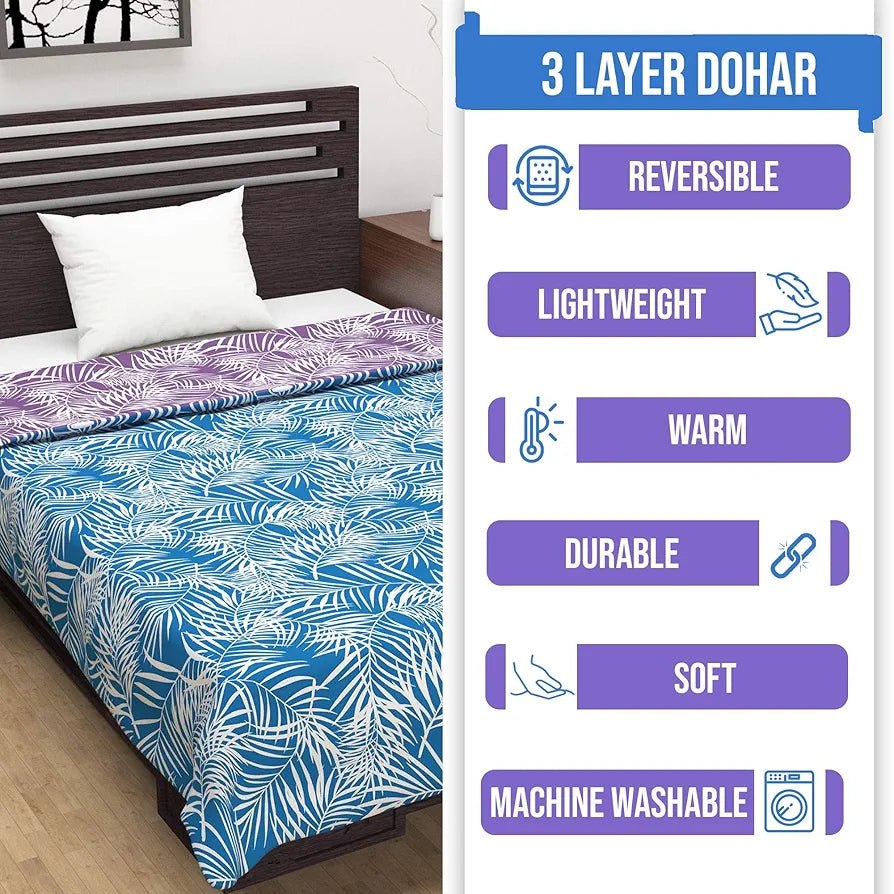 Divine Casa 120 GSM Microfiber Double Dohar | Soft & Lightweight Throw Blanket | Cozy & Breathable | All-Season Comfort | 220 x 205 CM | Leaf Pattern | Aquarius Purple