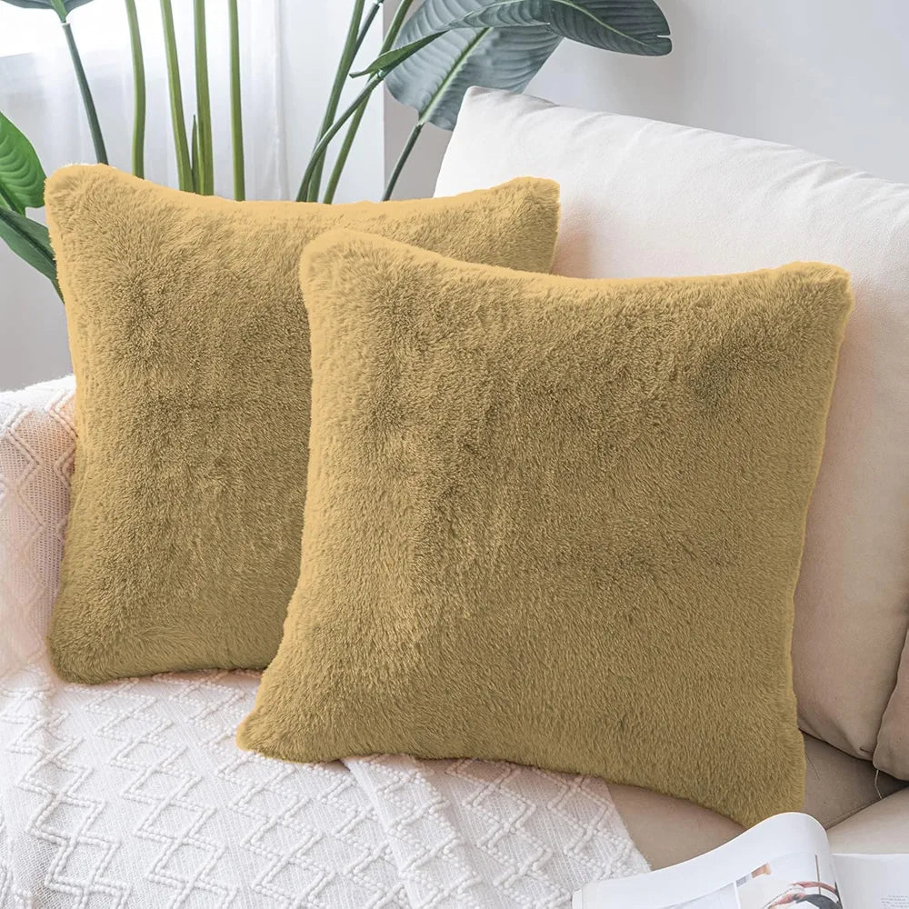 Luxe Home Cushion Cover 16 inch x 16 inch Duble Side Rabbit Fur Plain Design Covers Set of 2 for Sofa, Bedroom, livingroom 