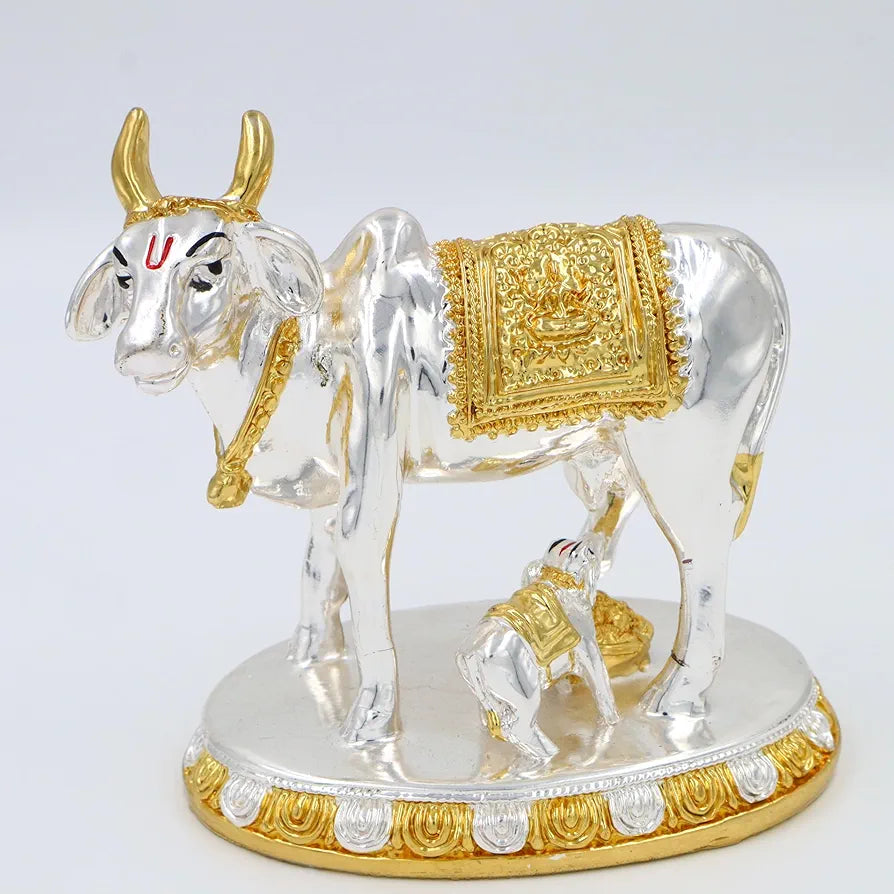 JAIPUR ACE Kamdhenu Cow with Calf Statue, Standard Size, Golden   