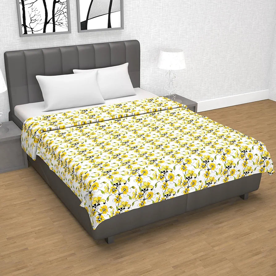 Divine Casa Floret 100% Cotton Double Dohar | 120 GSM | Soft & Lightweight Throw Blanket | Reversible Design | Cozy & Breathable Bedding | All-Season Comfort | 220 x 205 CM, Daffodil Yellow