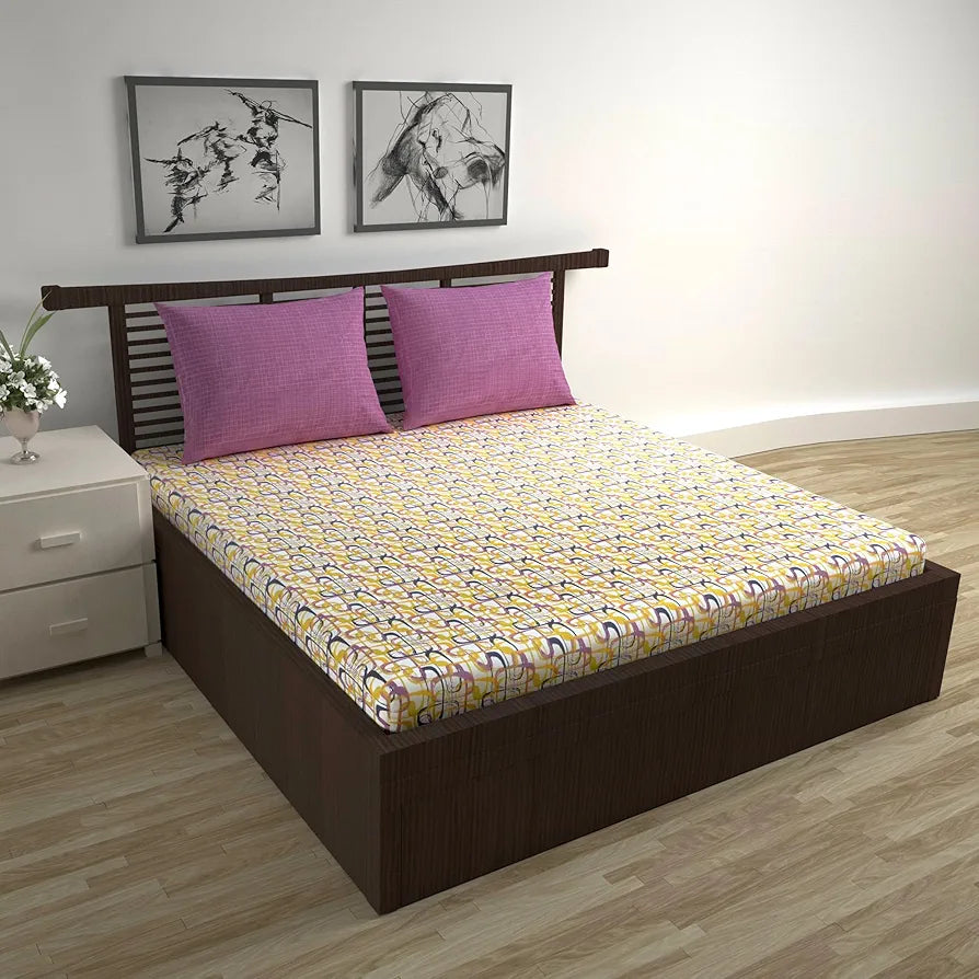 Divine Casa 144 TC 100% Pure Cotton Queen Size Double Bed Bedsheet with 2 Pillow Covers | Soft, Durable & All-Weather Comfortable Easy Care Sheet | Size 222 x 254 CM | Wavy Pattern | Charcoal Yellow