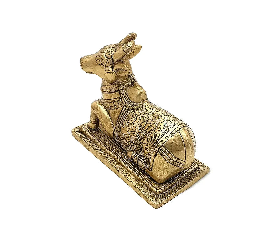 Two Moustaches Lotus Engraved 5 Inches Brass Nandi Cow Over Base, Brass Nandi Idol, Statue for Home/Temple, Nandi Bull Statue, Standard, Pack of 1