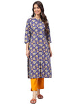 Janasya Women's Blue Cotton Floral Printed Straight Kurta