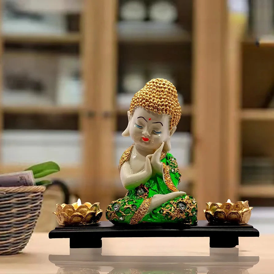 Mariner's Creation Buddha Statues with woodn Base and Two t Light Holders for Living Room Baby Buddha showpiece for House Warming Gift size-20X10X20c Color- Green, whitem