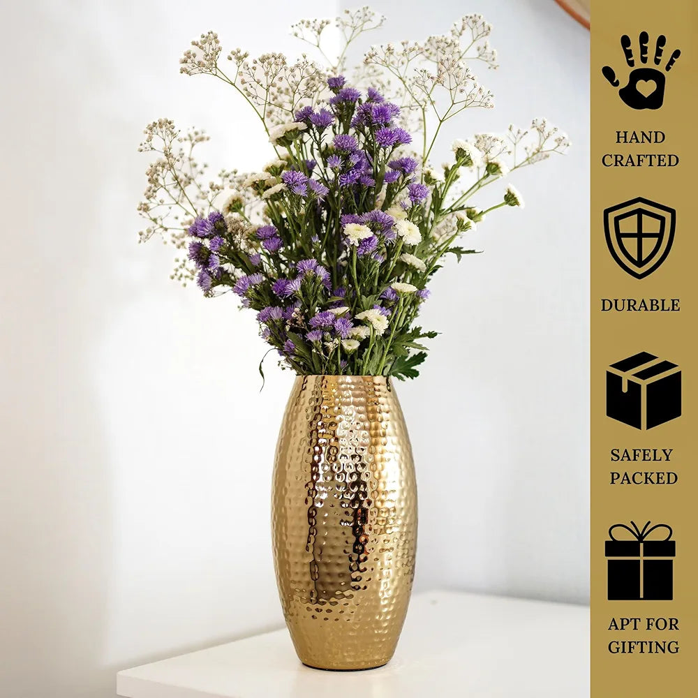 Behoma Metal Hammered Vase for Home Decor Decoratives for Indoor Living Room | Best Gift for Birthday Anniversary Valentine's Day |Golden Full Hammered Oblong Shape 1 Large Pcs 
