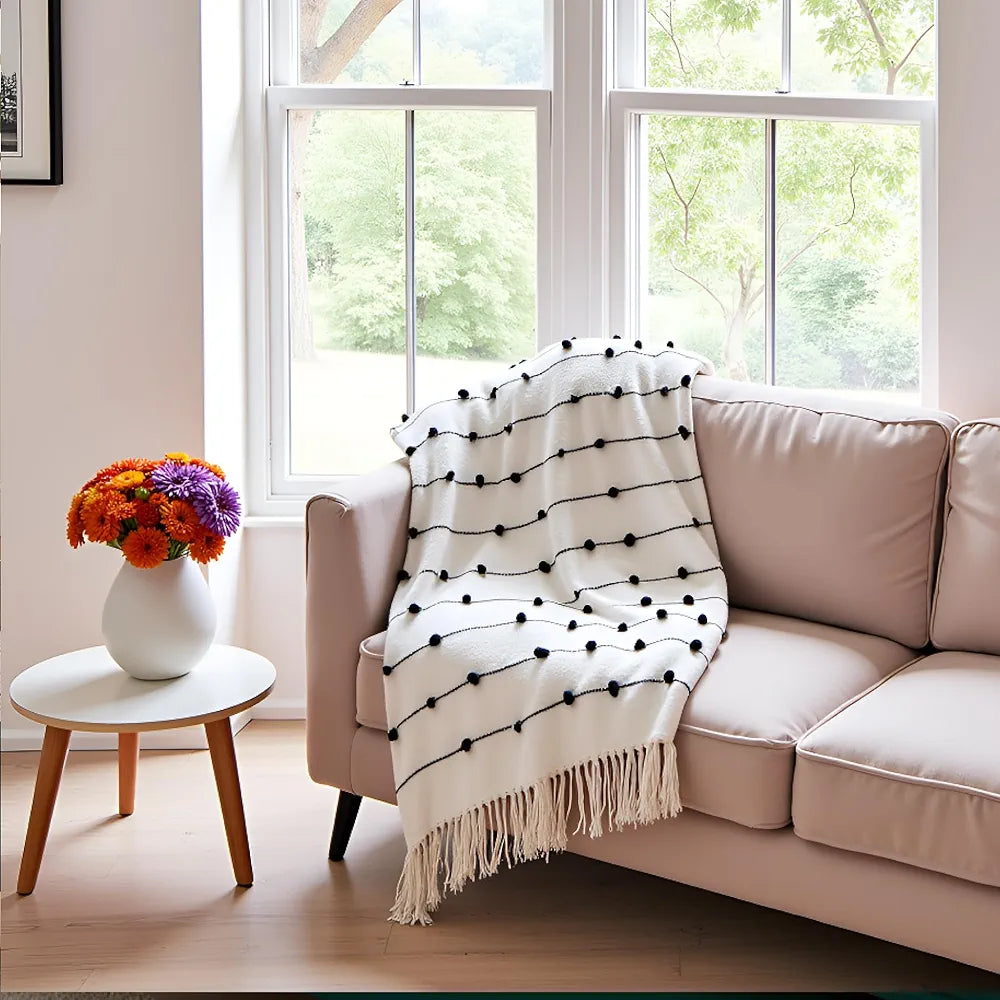 SAJAVAT HOME Hand-Knitted Pure Cotton 3 Seater Sofa Throw | 80x52 Inches/204x132 Cm | Beige & Black Throw for Sofa, Bed, Chair & Travel - Ideal for All Season | Pack of 1