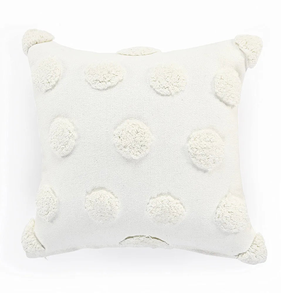 SASHAA WORLD Cotton Tufted Dots Cushion Cover | White Boho Decorative Pillow Cover for Sofa, Living Room, or Bed | Zipper Closure, Elegant Chic Design | 18x18 Inches
