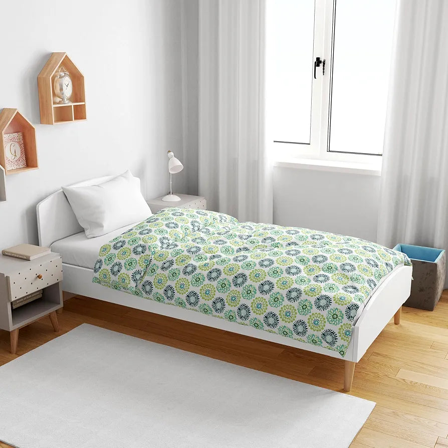 Divine Casa Floret 100% Cotton Single Kids Dohar | 120 GSM | Soft & Lightweight Throw Blanket | Cozy & Breathable Bedding | All-Season Comfort | 140 x 100 CM, Green Blue
