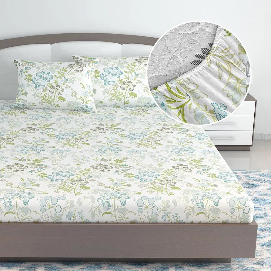 Divine Casa 144 TC 100% Cotton Floral Print Green Super Soft Bedsheet Elastic Fitted King Size Bed - 78 x 72 inches