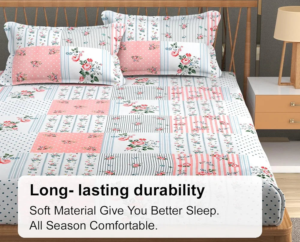FRESH FROM LOOM Floral Print King Size Fitted Bedsheet Set - Microfiber, 240 TC, Hypoallergenic, 2 Pillow Covers Included  | Pink-White)