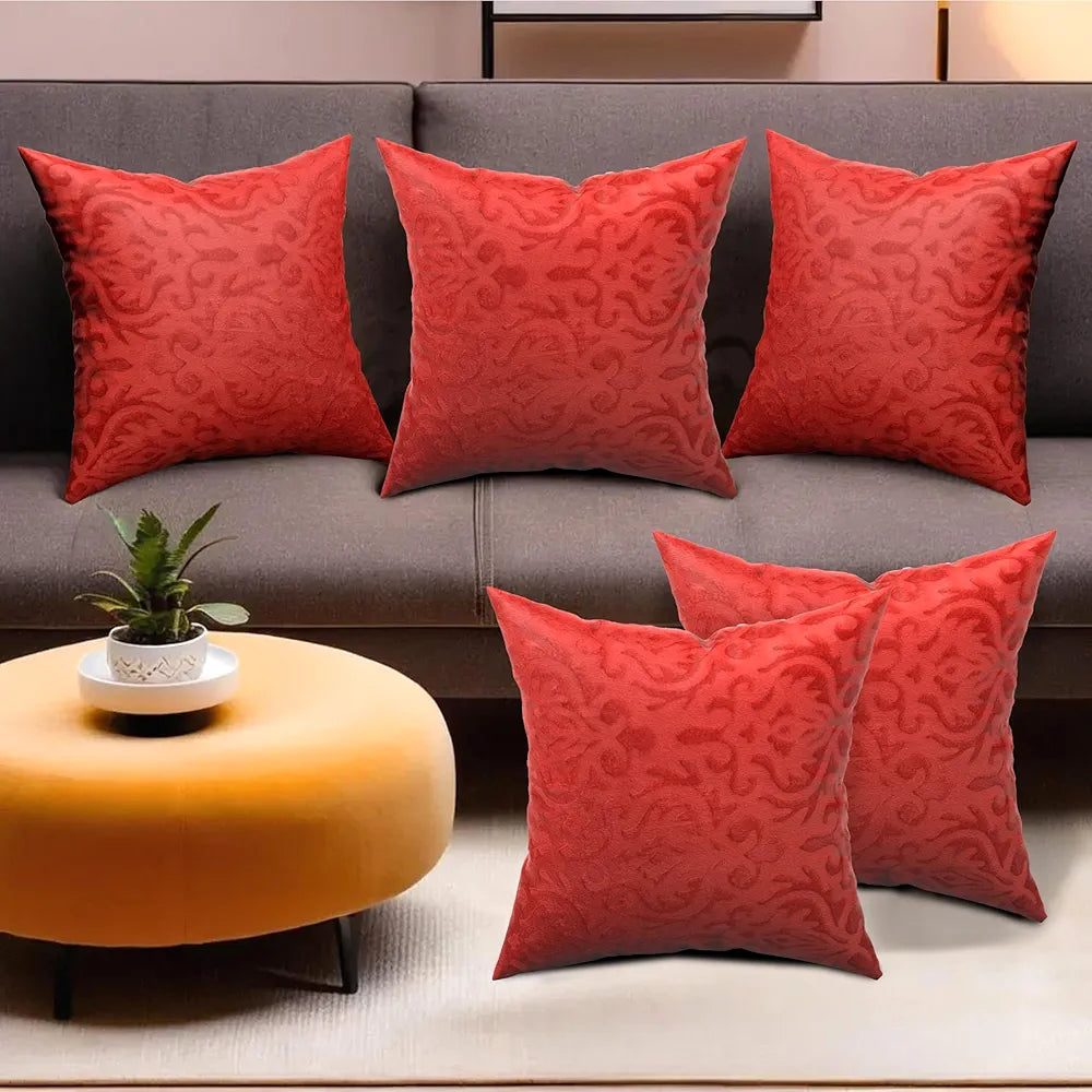 Kuber Industries Set of 5  Washable & Removable Velvet Sofa Pillow Covers with Zip | Soft Sofa Cushion Covers for Home & Bedroom Interiors | Floral Design - Red
