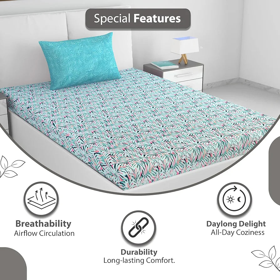 Divine Casa 144 TC 100% Pure Cotton Single Bedsheet with 1 Pillow Cover | Soft & Skin-Friendly Fabric for Everyday Comfort | All-Season Use | Size 223 X 145 CM | Floral Leaf Pattern | Soft Pink Blue