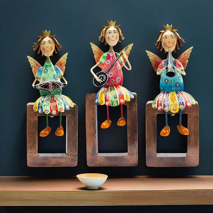 KRAFTSKALA Angel Musician Statues – Set of 3 | Handcrafted Metal & Wood | Wall Hanging, Shelf Display, Tabletop Home Decor Gift Item