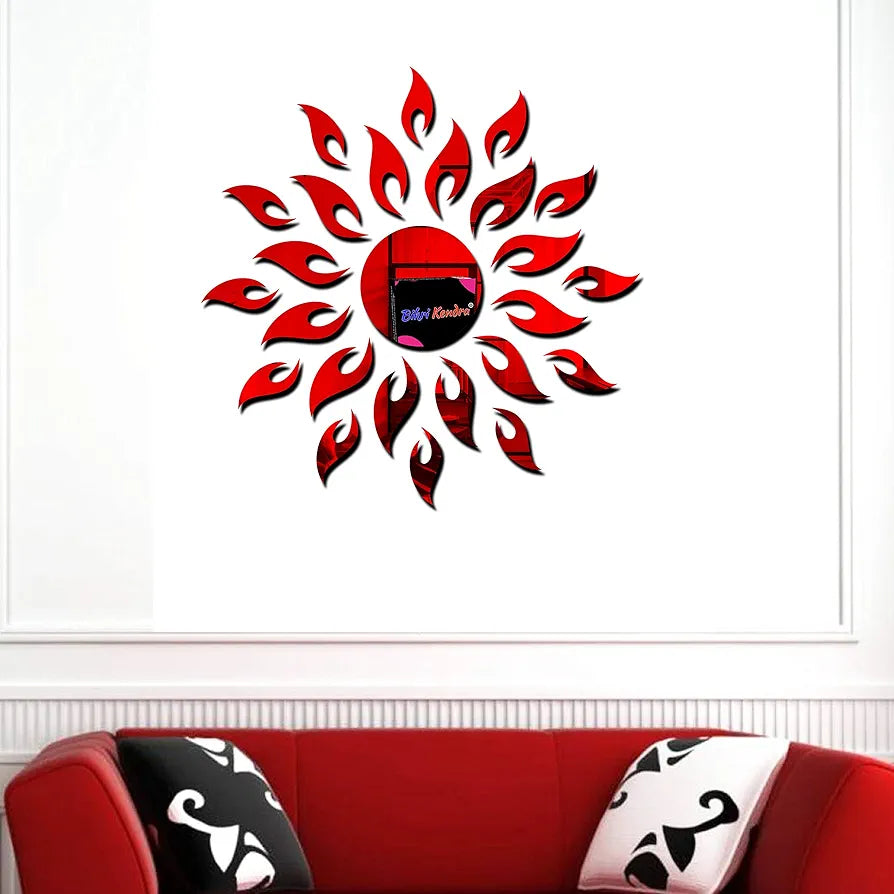 Bikri Kendra Ind - Sun with 12 Hexagon Rings  Mirror Stickers for Wall, Acrylic Sticker for Wall