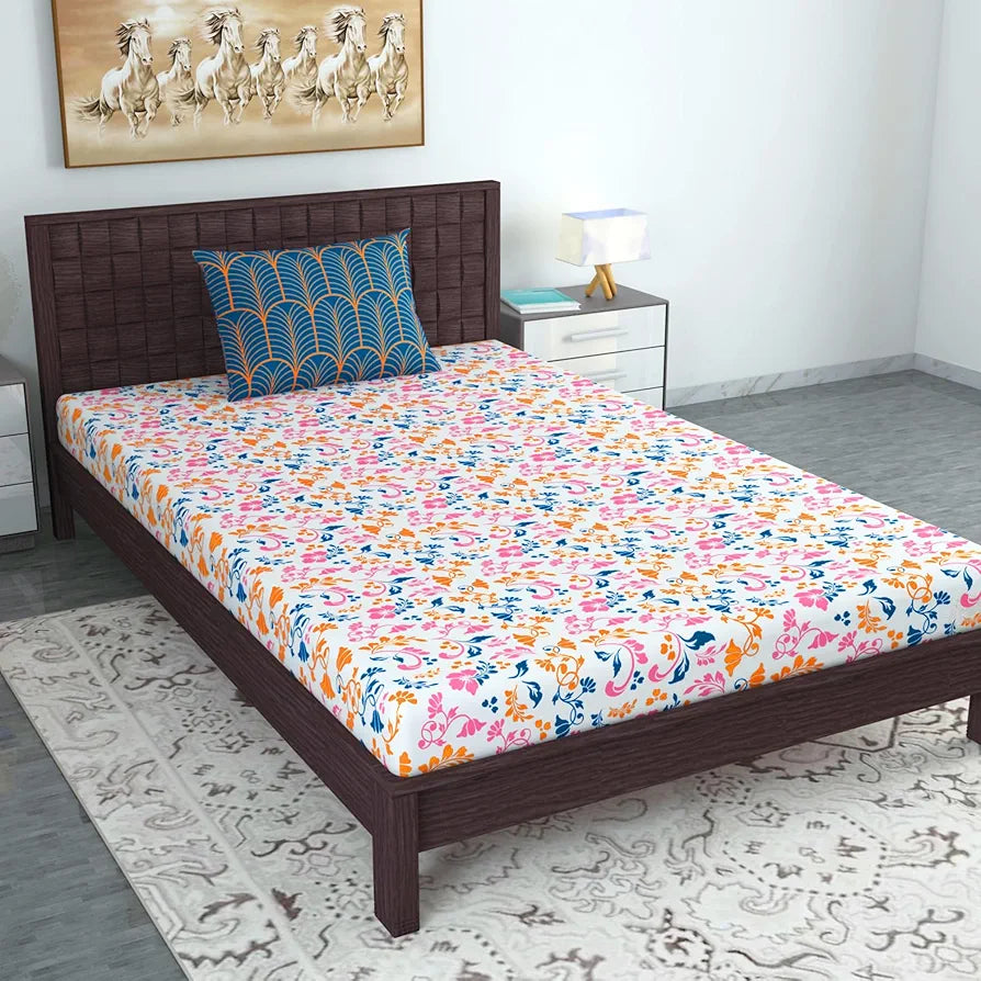 Divine Casa Bedsheet for Single Size Bed 144 TC Cotton Bedsheet for Single Size Bed with 1 Pillow Cover  Floral Peach Blue Cotton Bedsheet