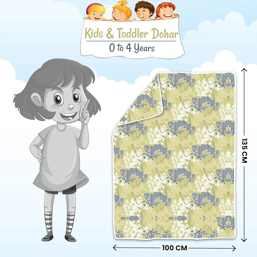 Divine Casa Floret 100% Cotton Single Kids Dohar | 120 GSM | Soft & Lightweight Throw Blanket | Cozy & Breathable Bedding | All-Season Comfort | 140 x 100 CM, Lemon Drop