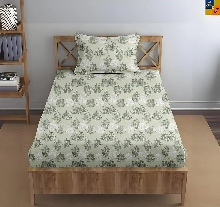 Trance Home Linen Pure 100% Cotton 144TC Printed Single Fitted Bedsheet with 1 Pillow Cover 