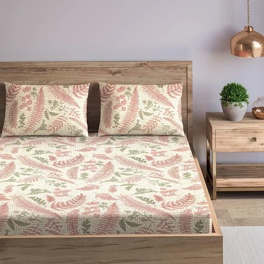 Trance Home Linen 100% Cotton 144Tc Elastic Fitted Bedsheet | Printed Queen Bed Size Elasticated Fitted Bedspread with 2 Pillow Covers 