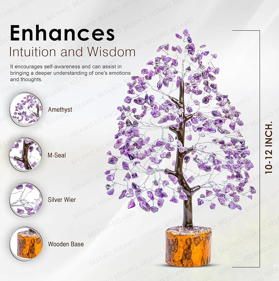 BEZAVO Amethyst Gemstone Crystal Tree – Good Luck Showpiece for Home Decor | Bonsai Money Tree for Prosperity & Decoration | Crystal & Gemstone Gift Item – 10-12 Inch 